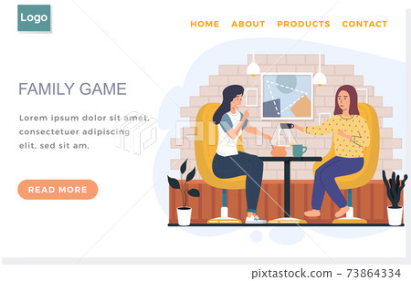 Landing page template with women drinking tea. Family game concept. Girls on self-isolation Landing page template with women drinking tea. Family game concept. Girls on self-isolation 73864334