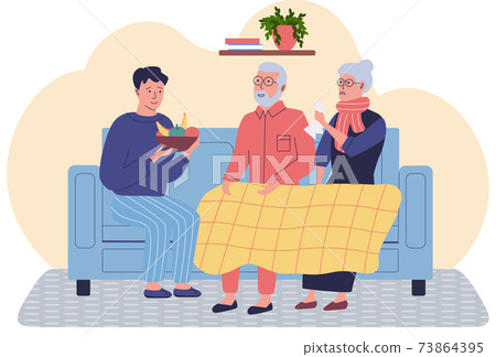 Guy offers napkins to people with runny nose. Man helping elderly sick couple in quarantine Guy offers napkins to people with runny nose. Man helping elderly sick couple in quarantine 73864395