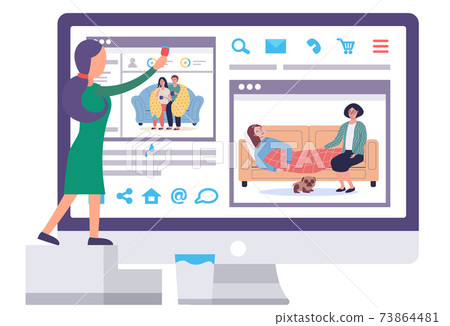 Woman paints monitor. Sick people on computer screen. Caring for loved ones and treatment Woman paints monitor. Sick people on computer screen. Caring for loved ones and treatment 73864481