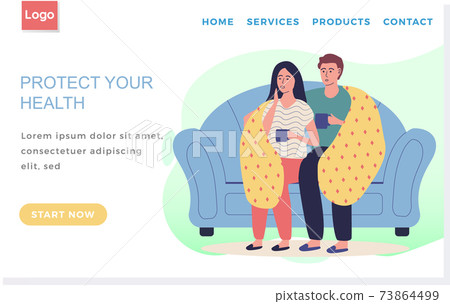 Protect human health concept. Guy with sick girl sitting on couch communicate. Landing page template 73864499