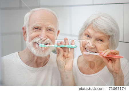 Elderly couple brushing their teeth together and feeling good 73865174