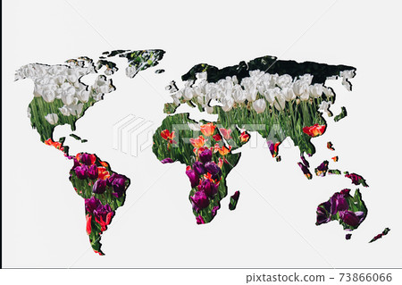 Roughly outlined world map with with tulip garden filling 73866066