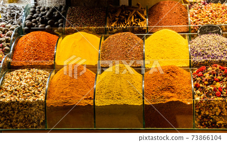 Colorful spices in the Turkish Grand Spice Bazaar in Istanbul, Turkey Colorful spices in the Turkish Grand Spice Bazaar in Istanbul, Turkey 73866104