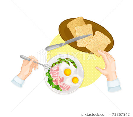 Hands Holding Fork Eating Scrambled Eggs and Ham Above View Vector Illustration 73867542