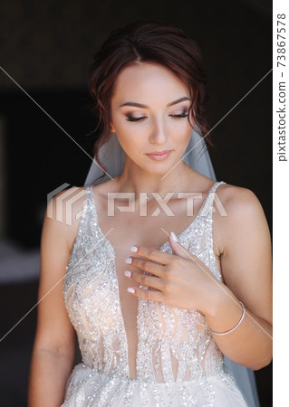 Portrait of elegant bride in fashion wedding dress stand on the balcony and posing to photographer Portrait of elegant bride in fashion wedding dress stand on the balcony and posing to photographer 73867578