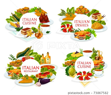 Italian cuisine Italy meals vector round frame set 73867582
