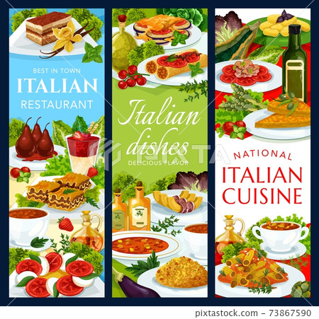 Italian cuisine, Italy dishes vector banners set 73867590