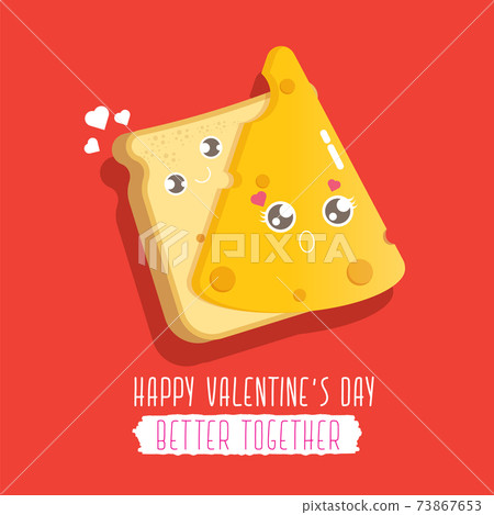 vector funny cartoon cute sliced bread character with cheese character isolated on red background. Conceptual valentines day comic funky kids poster or banner with funky food vector funny cartoon cute sliced bread character with cheese character isolated on red background. Conceptual valentines day comic funky kids poster or banner with funky food 73867653