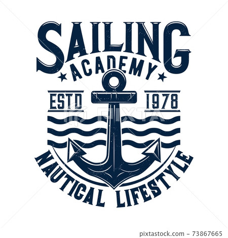 Tshirt print with anchor and sea waves, label Tshirt print with anchor and sea waves, label 73867665