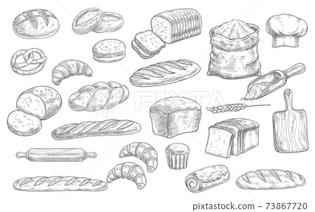 Bread and bakery food sketches, engraved pastry Bread and bakery food sketches, engraved pastry 73867720