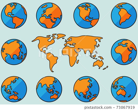 Collection of simplicity freehand world map sketch on globe. 73867919