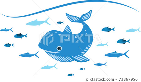 Blue whale with a fish. Vector cartoon whale for design. Blue whale with a fish. Vector cartoon whale for design. 73867956