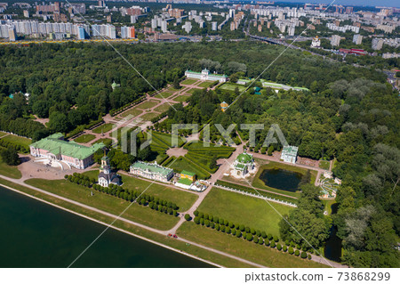 View from the height of the Kuskovo Estate in Moscow, Russia. Kuskovo manor is a unique monument of the XVIII century, a summer residence in Moscow View from the height of the Kuskovo Estate in Moscow, Russia. Kuskovo manor is a unique monument of the XVIII century, a summer residence in Moscow 73868299
