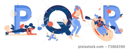 Alphabet letters collection P for plank pose, Q for quoits and R for rafting with capital characters on back. Concept illustration with healthy young women training isolated on white Alphabet letters collection P for plank pose, Q for quoits and R for rafting with capital characters on back. Concept illustration with healthy young women training isolated on white 73868390