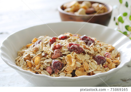 Various types of cereals and granola on a plate 73869165