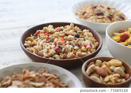 Various types of cereals and granola on a plate 73869188