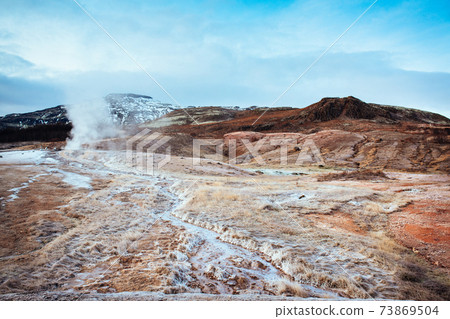 Stokkur fountain-type geyser in Iceland in winter 73869504