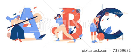 Concept sport illustration collection with women training baseball, aikido and croquet isolated on white. Capital ABC letters good for print and school decoration 73869681