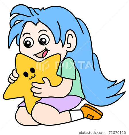 a girl full of dreams is hugging the star in his arms, doodle icon image kawaii 73870130