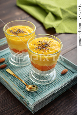 Homemade chia seed pudding with mango 73874619