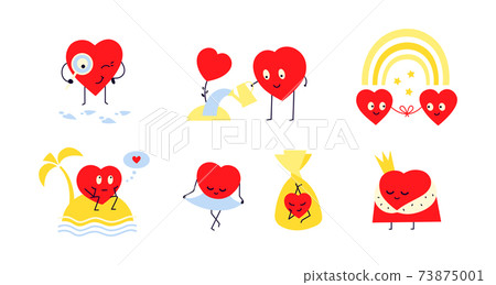 Set of vector isolated illustrations in flat style. Happy red smiling hearts. Friendship, support, gratitude and care. Find your love, soulmate. Cute kawaii characters. Valentines day design 73875001