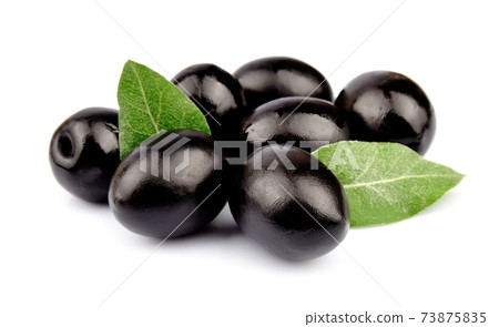 Olives with leaves on white backgrounds. Olives with leaves on white backgrounds. 73875835