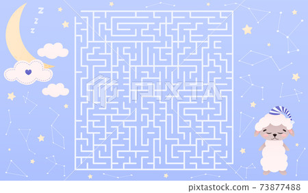 Horizontal labyrint for kids, good night concept with cute sheep sleeping, help lamp to find way to moon, night 73877488
