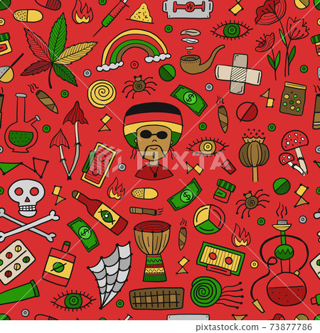 Drugs addiction. Say no to drugs. Rasta collection with skull, marijuana, drum, pills, music symbols. Seamless pattern background 73877786