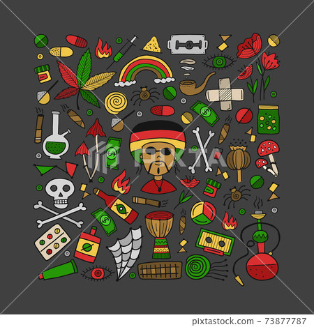 Drugs addiction. Say no to drugs. Rasta collection with skull, marijuana, drum, pills, music symbols 73877787