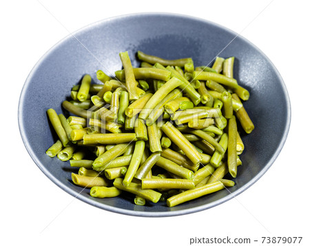 portion of boiled green bean in gray bowl isolated portion of boiled green bean in gray bowl isolated 73879077
