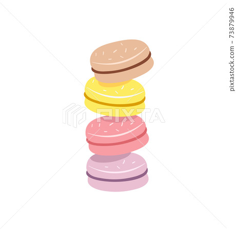 Stack of colorful macaron, macaroon almond cakes, sketch style vector illustration isolated on white background. Stack, pile of colorful almond macaron, macaroon biscuits, sweet and beautiful dessert 73879946