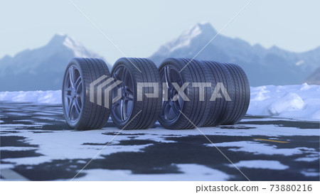 3d render four car wheels drive on a snowy road 3d render four car wheels drive on a snowy road 73880216