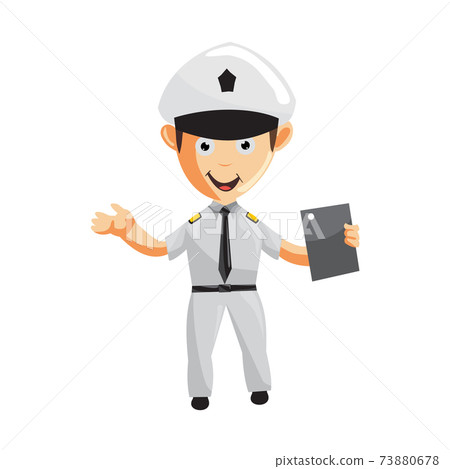 Airplane Pilot Holding tablet phone Cartoon Character Aircraft Captain in Uniform 73880678
