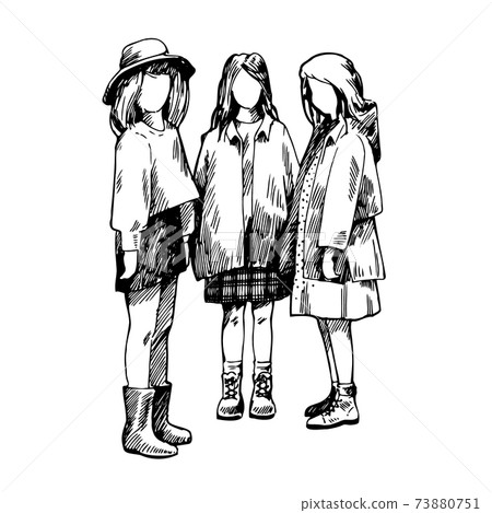 Three teenage girls in raincoats stand next to each other Three teenage girls in raincoats stand next to each other 73880751