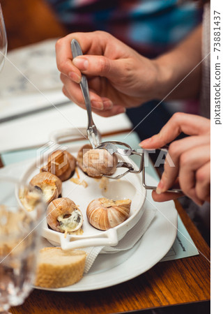 Snails with herbs butter, in traditional ceramic pan bread and sauce on a rustic wooden table. Top view 73881437