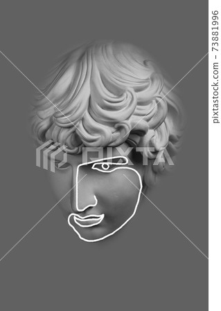 Collage with plaster antique sculpture of human face in a pop art style. Modern creative concept image with ancient statue head. Zine culture. Contemporary art poster. Funky minimalism. Retro design. 73881996