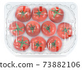 Retail supermarket pack of red cherry tomatoes isolated on white. Plastic packaging for advertising 73882106