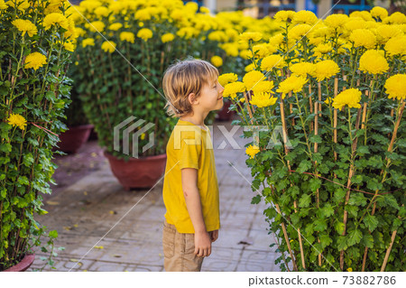 Caucasian tourist boy in Tet holidays. Vietnam Chinese Lunar New Year in springtime Caucasian tourist boy in Tet holidays. Vietnam Chinese Lunar New Year in springtime 73882786