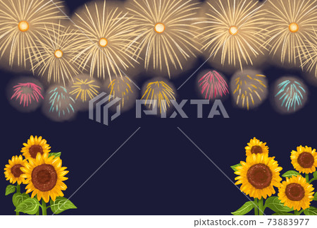 Sunflower field and fireworks display, summer greeting postcard, sideways Sunflower field and fireworks display, summer greeting postcard, sideways 73883977