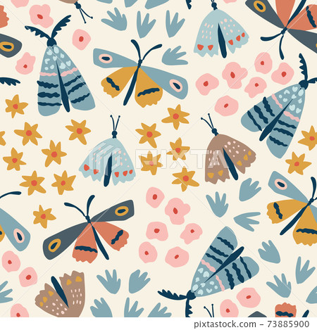 Floral seamless pattern. Hand drawn colorful flowers with flying butterflies and moth. Flat modern kids design for textile, fabric, wrapping paper. Meadow, garden vector illustration background. Floral seamless pattern. Hand drawn colorful flowers with flying butterflies and moth. Flat modern kids design for textile, fabric, wrapping paper. Meadow, garden vector illustration background. 73885900