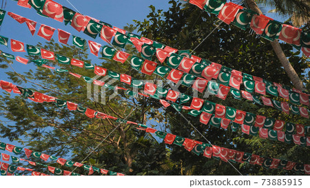 Small flags of the Indian Union Muslim League are hung over the streets of Goa. India. 73885915