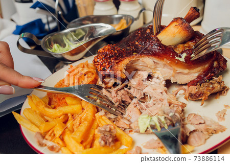 Roast pork knuckle on a wooden board. Selective focus. Roast pork knuckle on a wooden board. Selective focus. 73886114