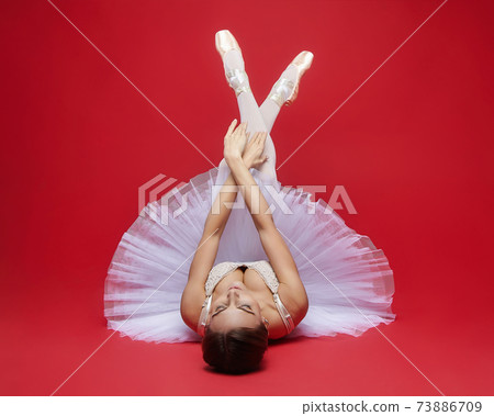 attractive ballerina poses gracefully in the studio on a red background attractive ballerina poses gracefully in the studio on a red background 73886709