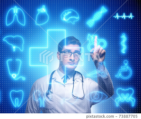 Telemedicine concept with doctor pressing virtual buttons Telemedicine concept with doctor pressing virtual buttons 73887705