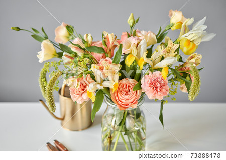 Bouquet 005, step by step installation of flowers in a vase. Flowers bunch, set for home. Fresh cut flowers for decoration home. European floral shop. Delivery fresh cut flower. 73888478