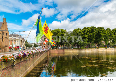 Lake Hofvijver with flags in Hague Lake Hofvijver with flags in Hague 73889337