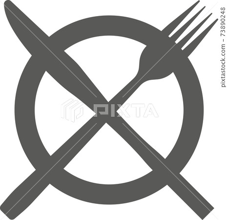 A plate with crossed cutlery. Vector black and white illustration. A plate with crossed cutlery. Vector black and white illustration. 73890248