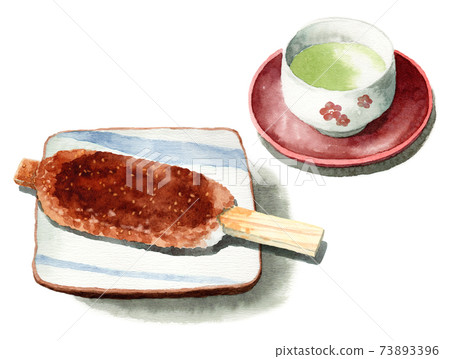 Analog watercolor Gohei mochi and Japanese tea 73893396