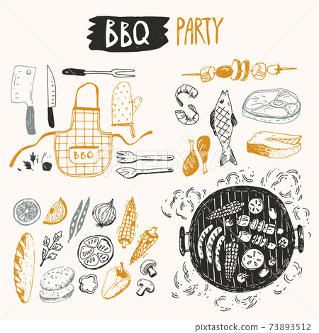 BBQ doodle set. Different elements, food, vegetables, fish and meat equipment 73893512