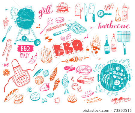 BBQ doodle set. Different elements, food, vegetables, fish and meat, equipment. Vector illustration. BBQ doodle set. Different elements, food, vegetables, fish and meat, equipment. Vector illustration. 73893515